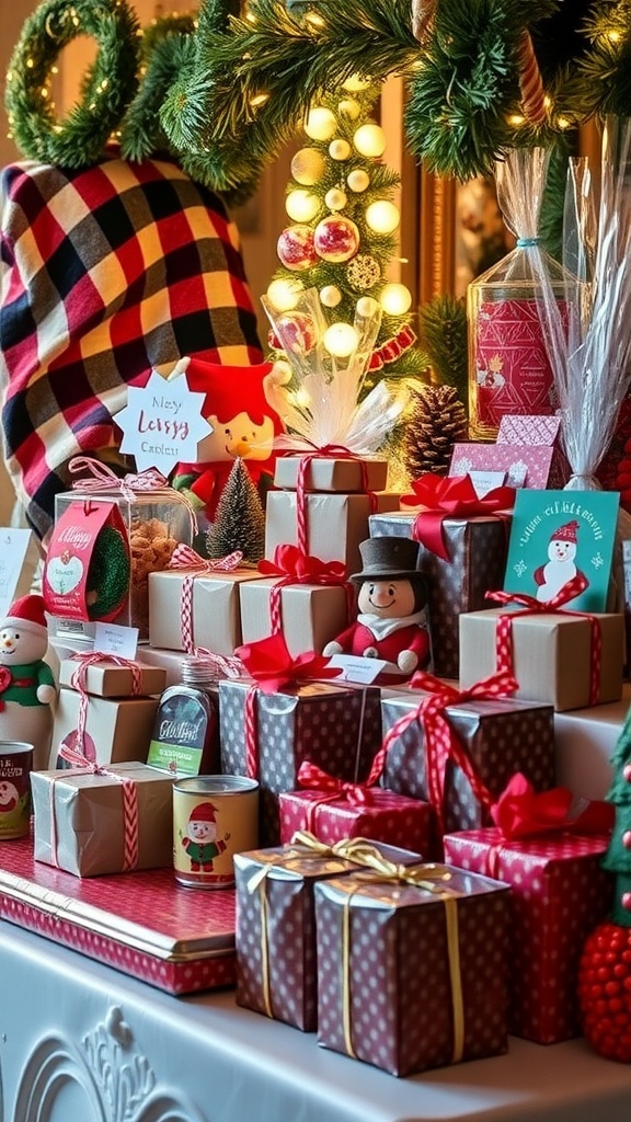 A collection of affordable Christmas gifts, including homemade treats and personalized items, surrounded by holiday decor.